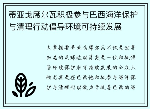 蒂亚戈席尔瓦积极参与巴西海洋保护与清理行动倡导环境可持续发展