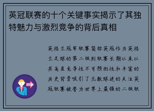 英冠联赛的十个关键事实揭示了其独特魅力与激烈竞争的背后真相