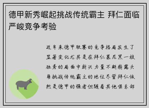 德甲新秀崛起挑战传统霸主 拜仁面临严峻竞争考验