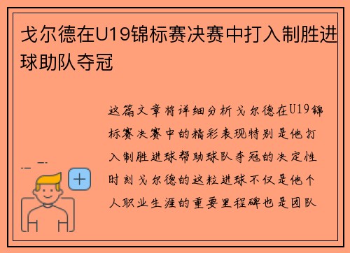 戈尔德在U19锦标赛决赛中打入制胜进球助队夺冠